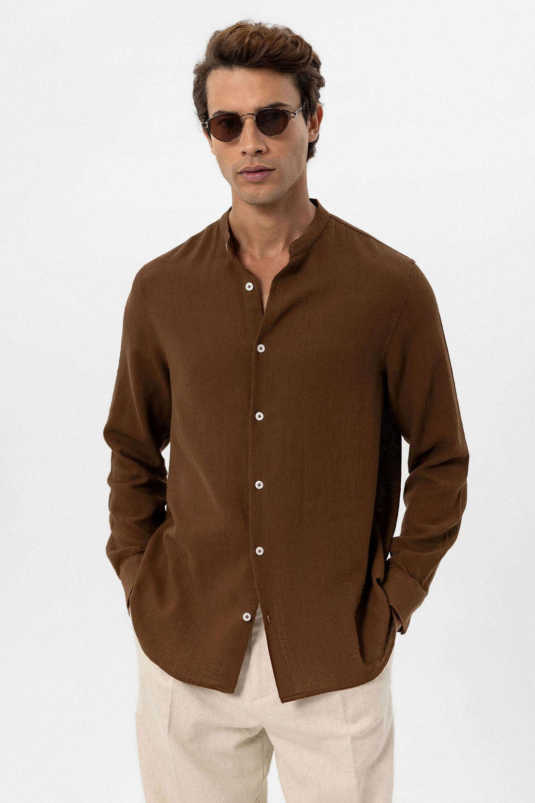 Men's Brown Mandarin Collar Woven Shirt - Wessi