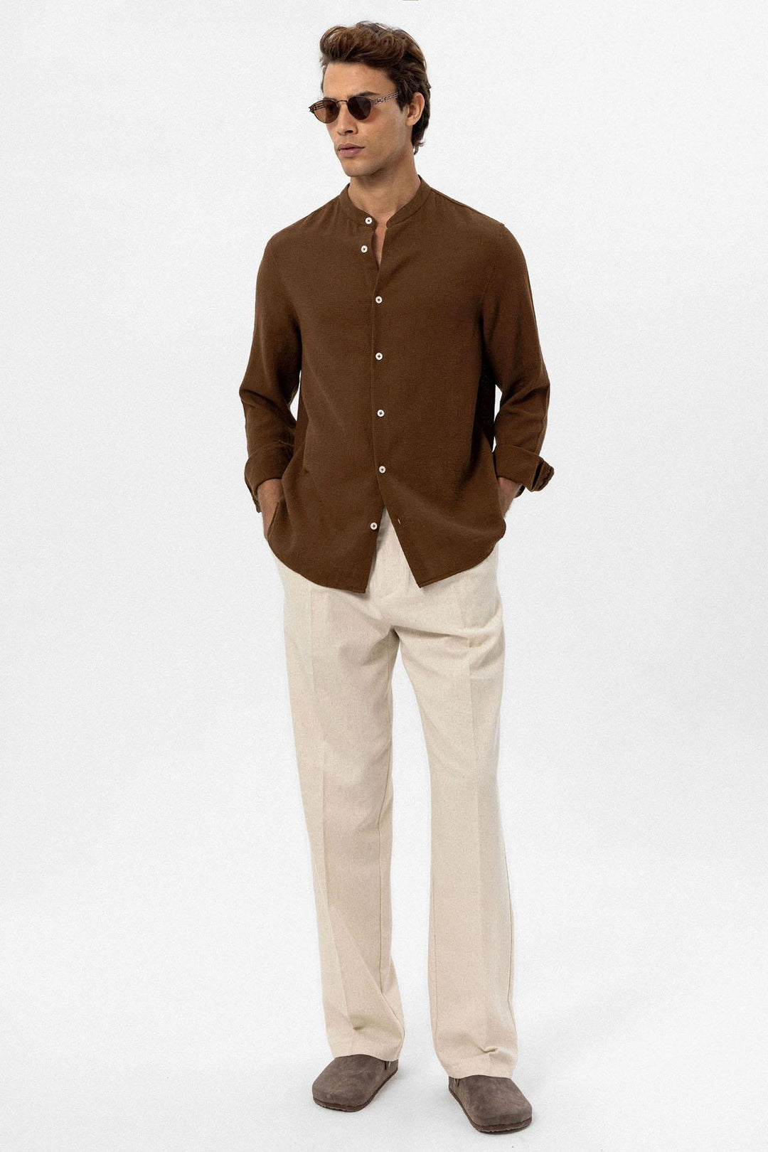 Men's Brown Mandarin Collar Woven Shirt - Wessi