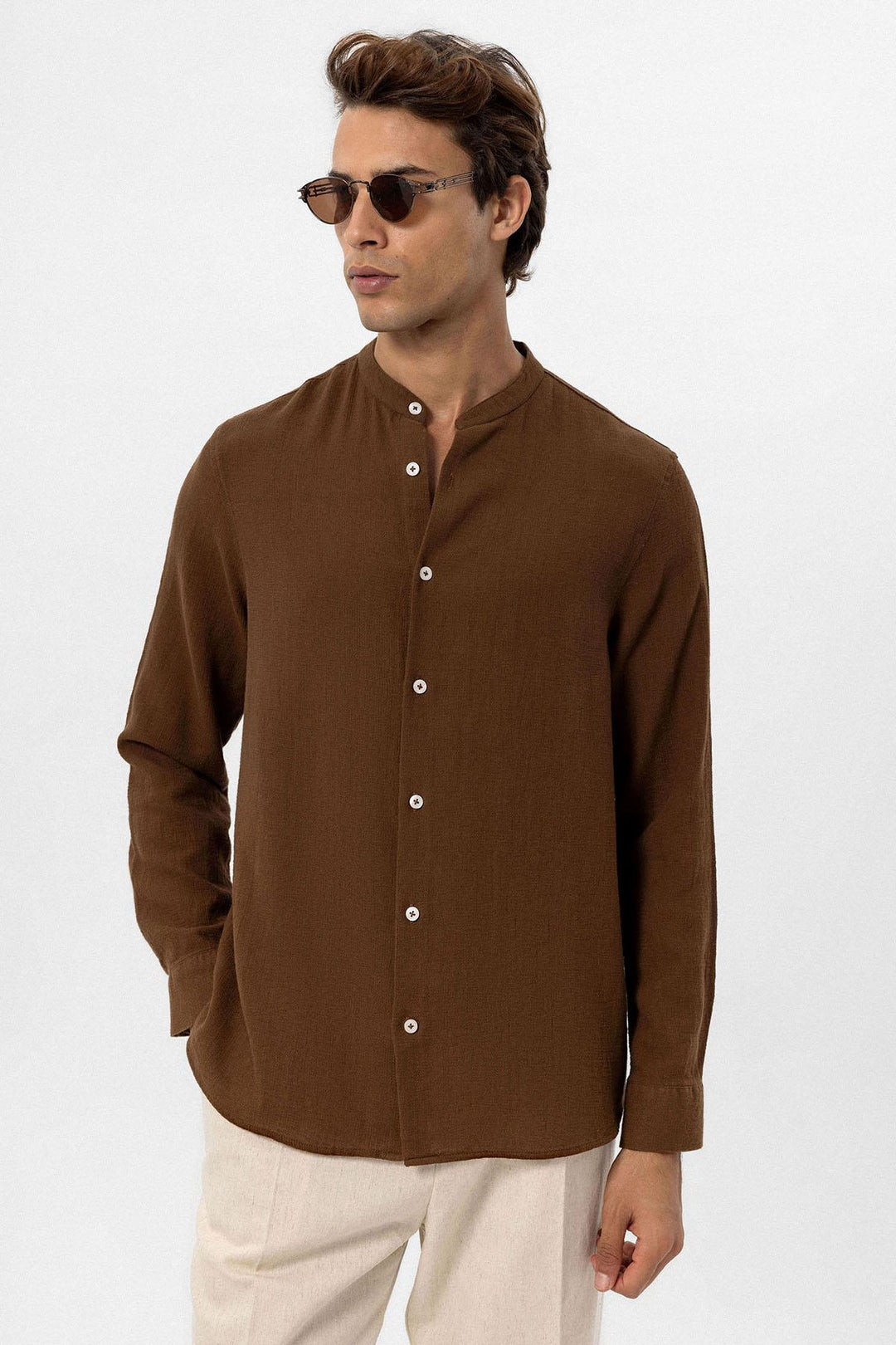 Men's Brown Mandarin Collar Woven Shirt - Wessi