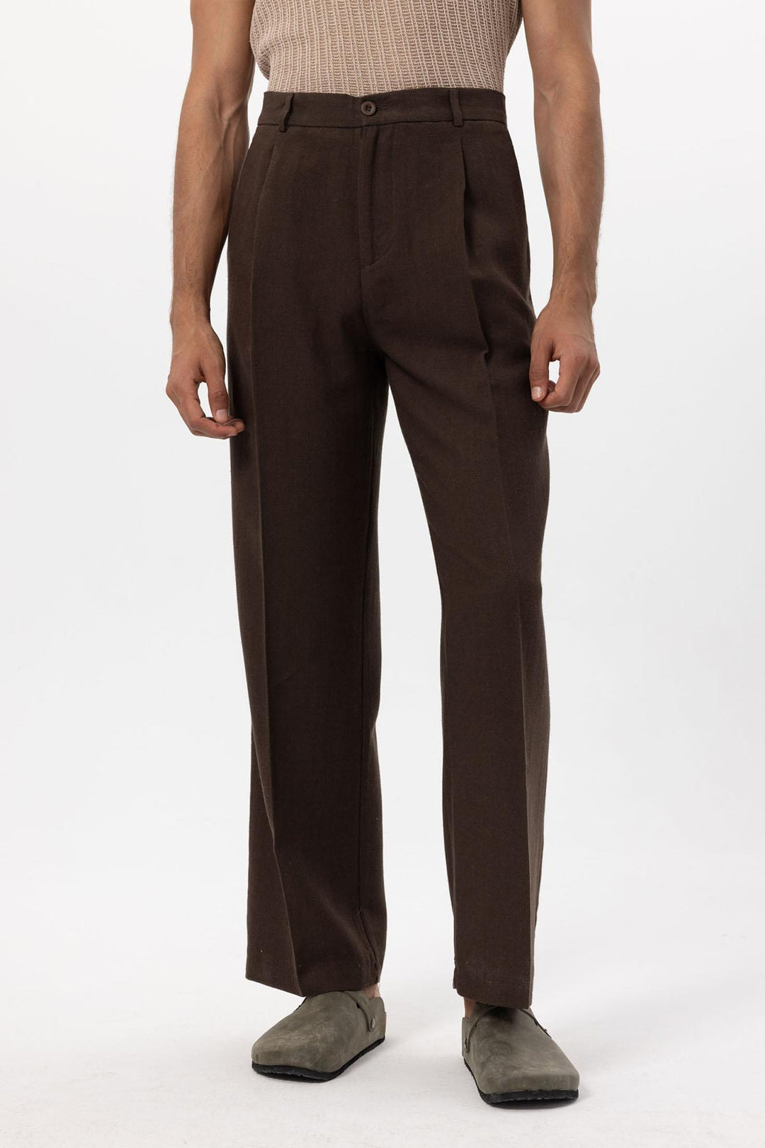 Men's Brown Linen Blend Baggy Pants - Wessi