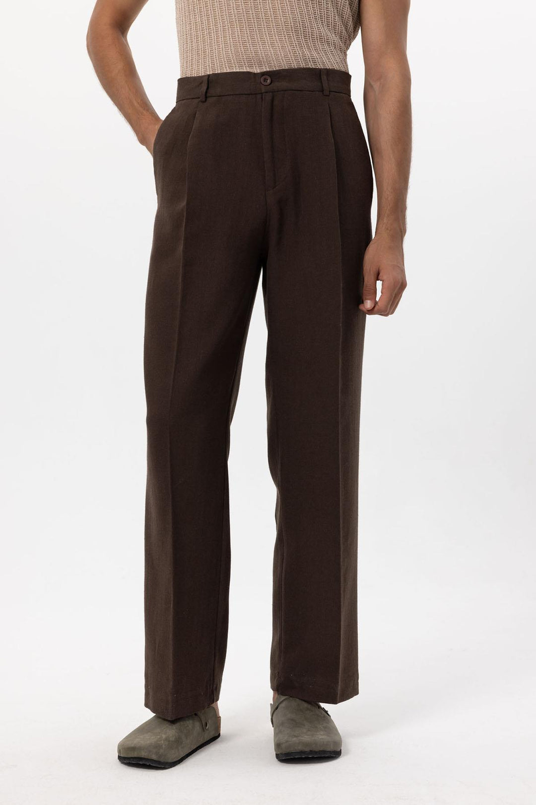 Men's Brown Linen Blend Baggy Pants - Wessi