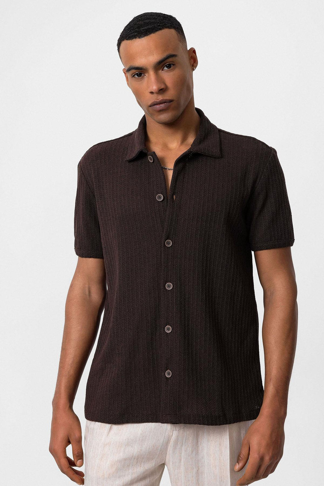 Chemise Homme Marron à Manches Courtes et Col Polo en Maille - Wessi