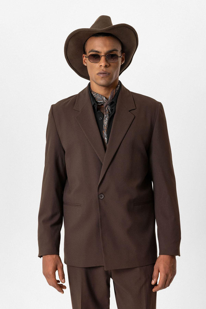 Brown Single-Button Relaxed Men's Blazer Jacket - Wessi