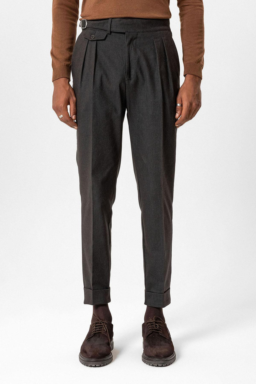 Brown High-Waisted Men's Trousers with Buckle Detail - Wessi