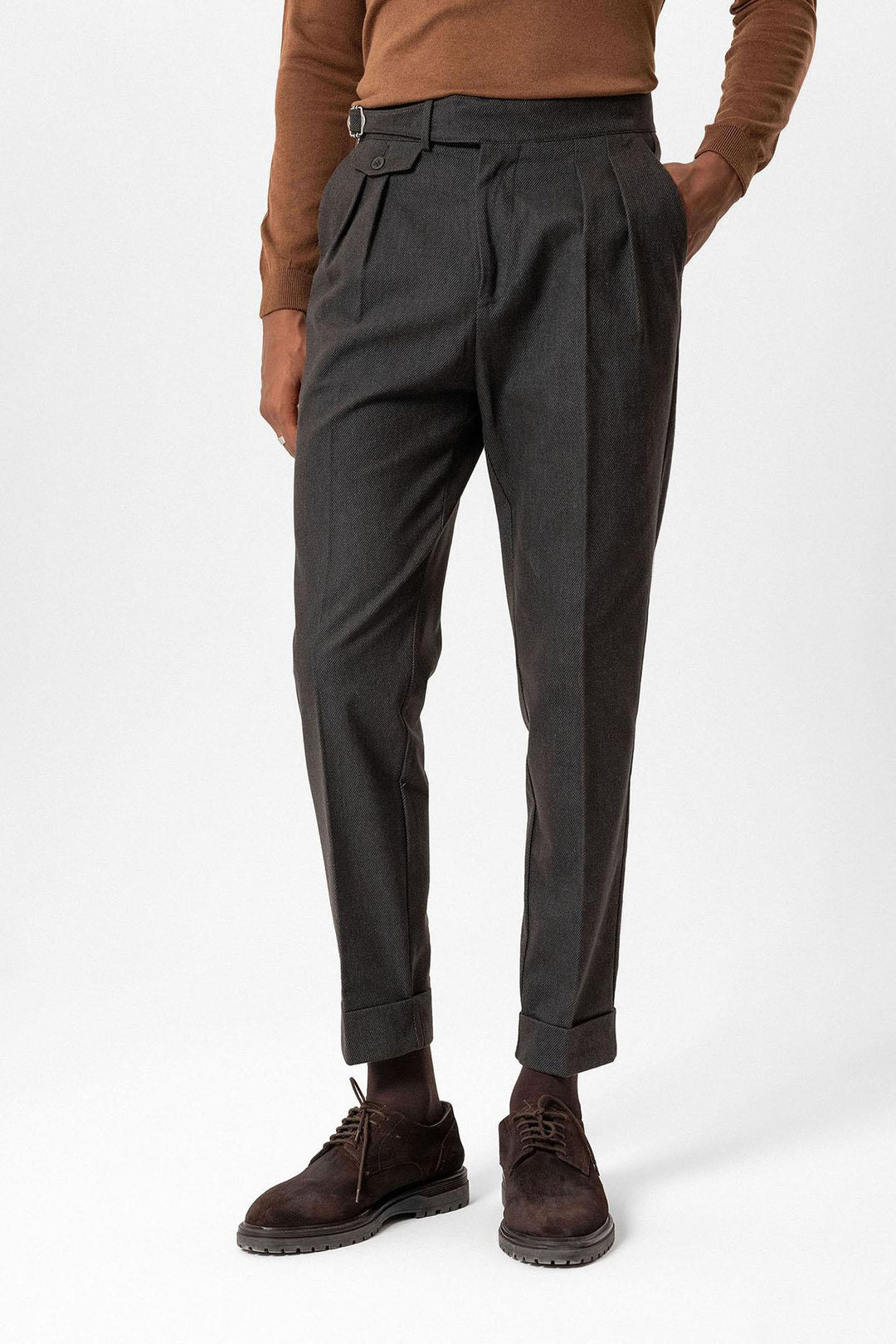 Brown High-Waisted Men's Trousers with Buckle Detail - Wessi