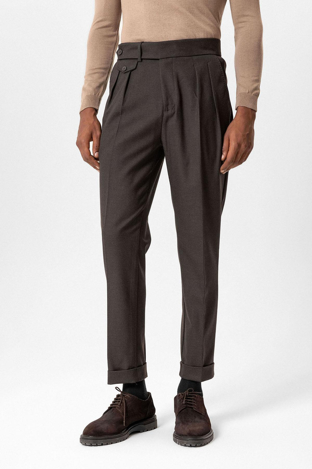 Brown High-Waisted Pleated Technical Men's Trousers - Wessi