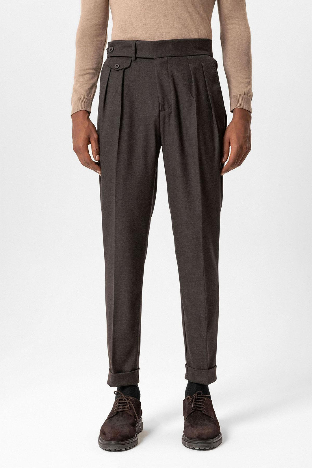 Brown High-Waisted Pleated Technical Men's Trousers - Wessi