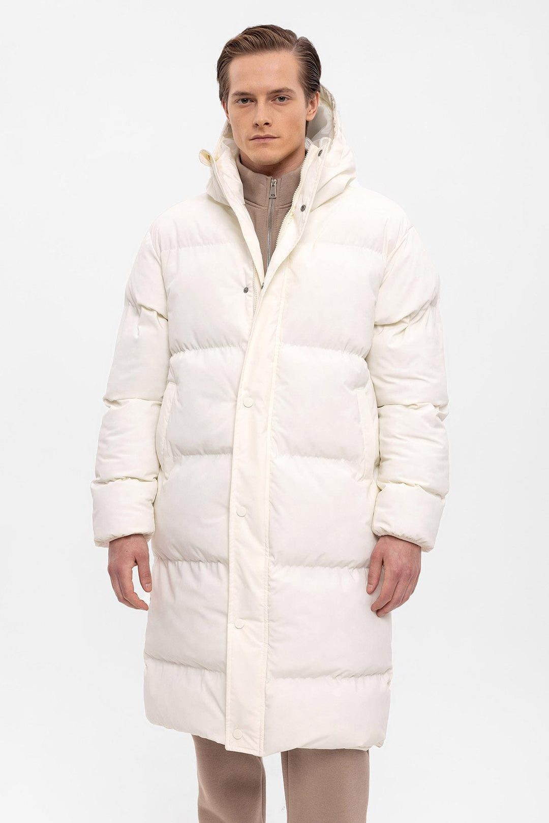 Men's Ecru Hooded Long Puffer Jacket - Wessi