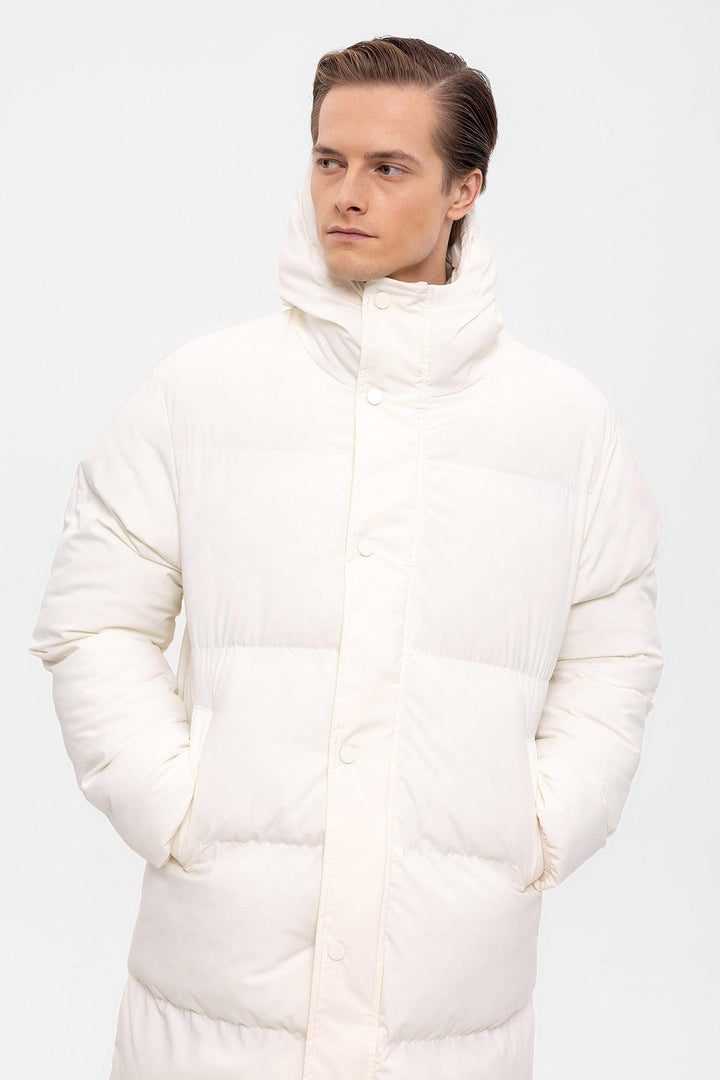 Men's Ecru Hooded Long Puffer Jacket - Wessi