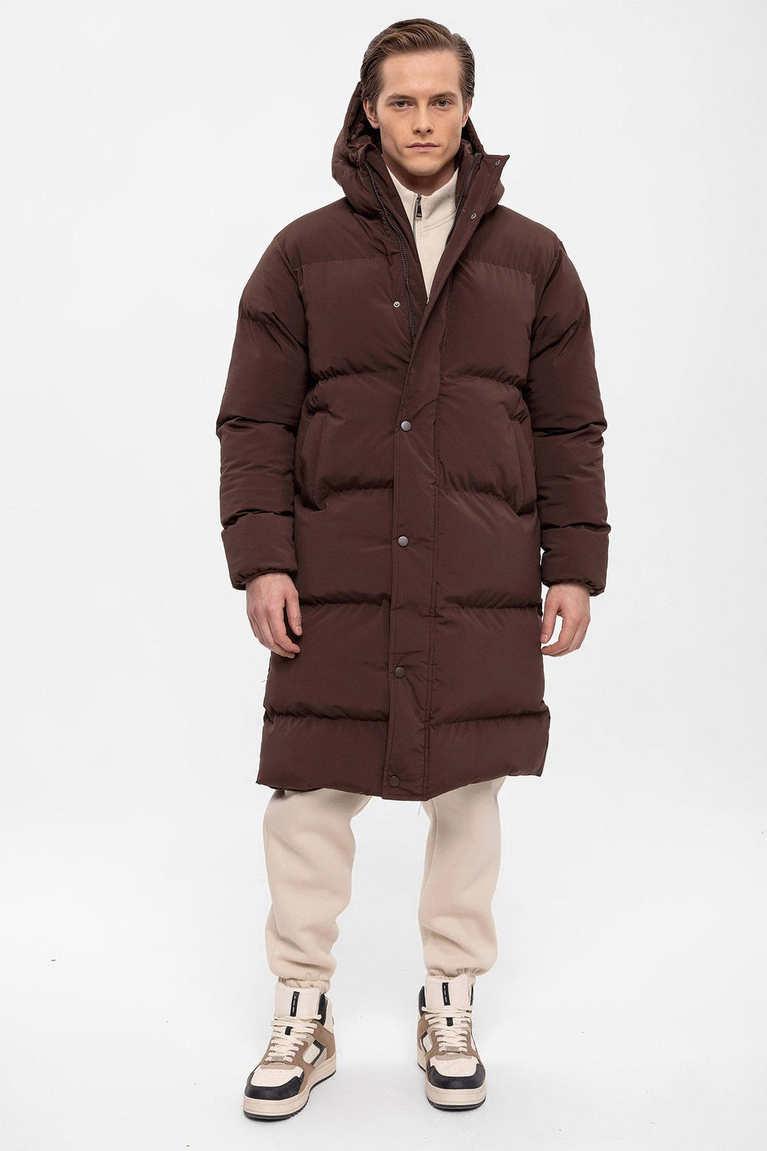 Men's Brown Hooded Long Puffer Jacket - Wessi