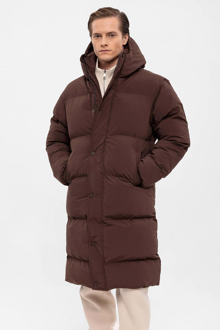 Men's Brown Hooded Long Puffer Jacket - Wessi