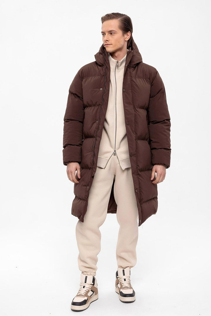 Men's Brown Hooded Long Puffer Jacket - Wessi