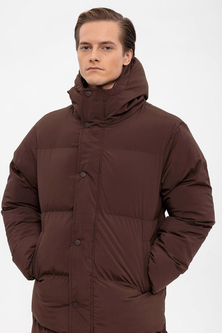 Men's Brown Hooded Long Puffer Jacket - Wessi