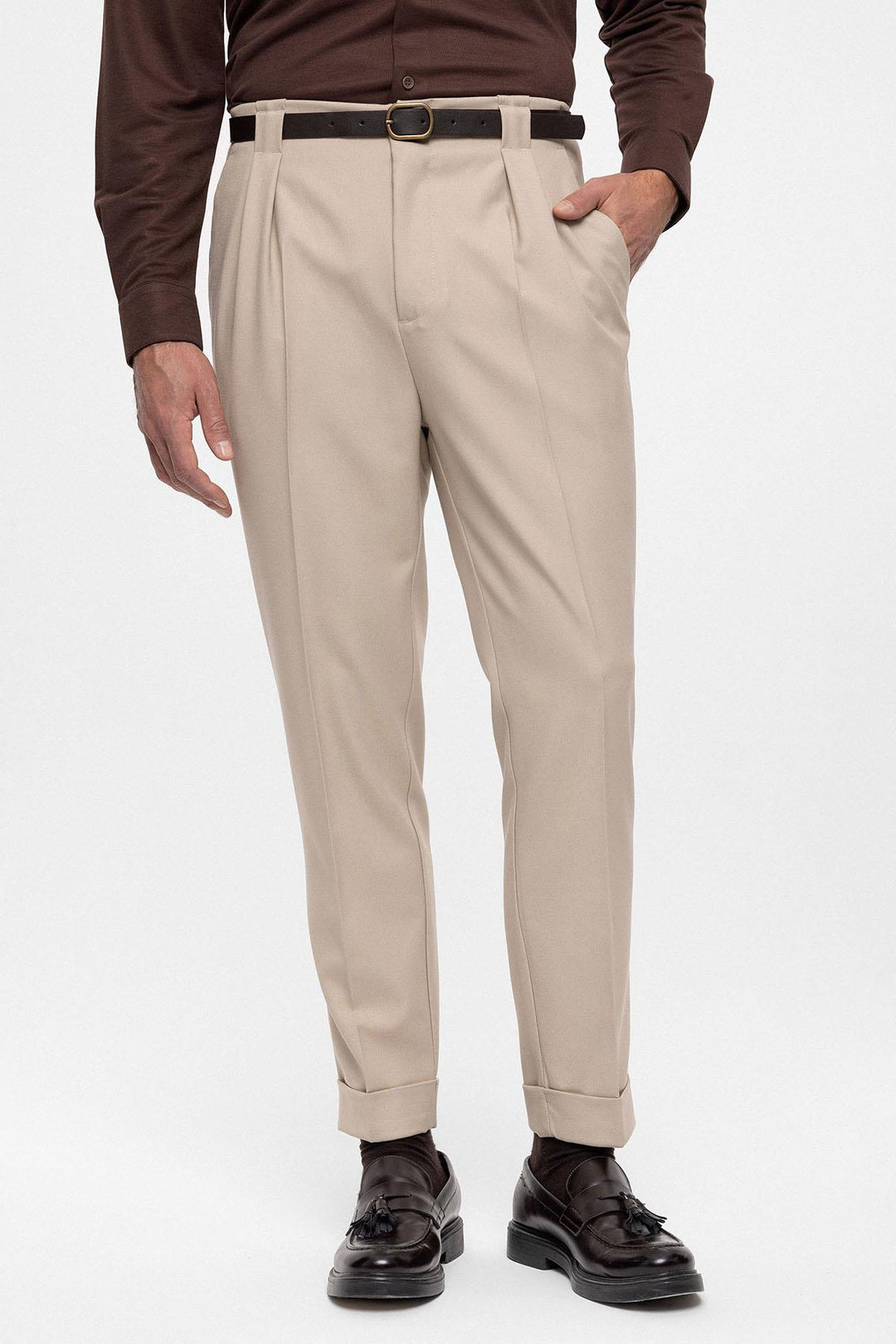 Pantalon Homme Beige Foncé Ceinturé Double Revers - Wessi