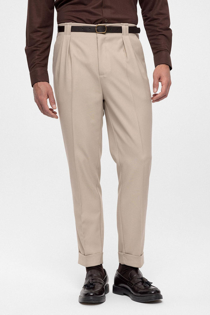 Pantalon Homme Beige Foncé Ceinturé Double Revers - Wessi