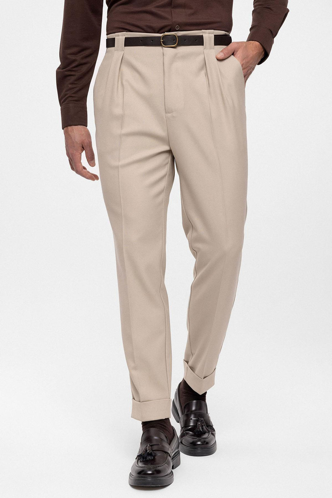 Pantalon Homme Beige Foncé Ceinturé Double Revers - Wessi