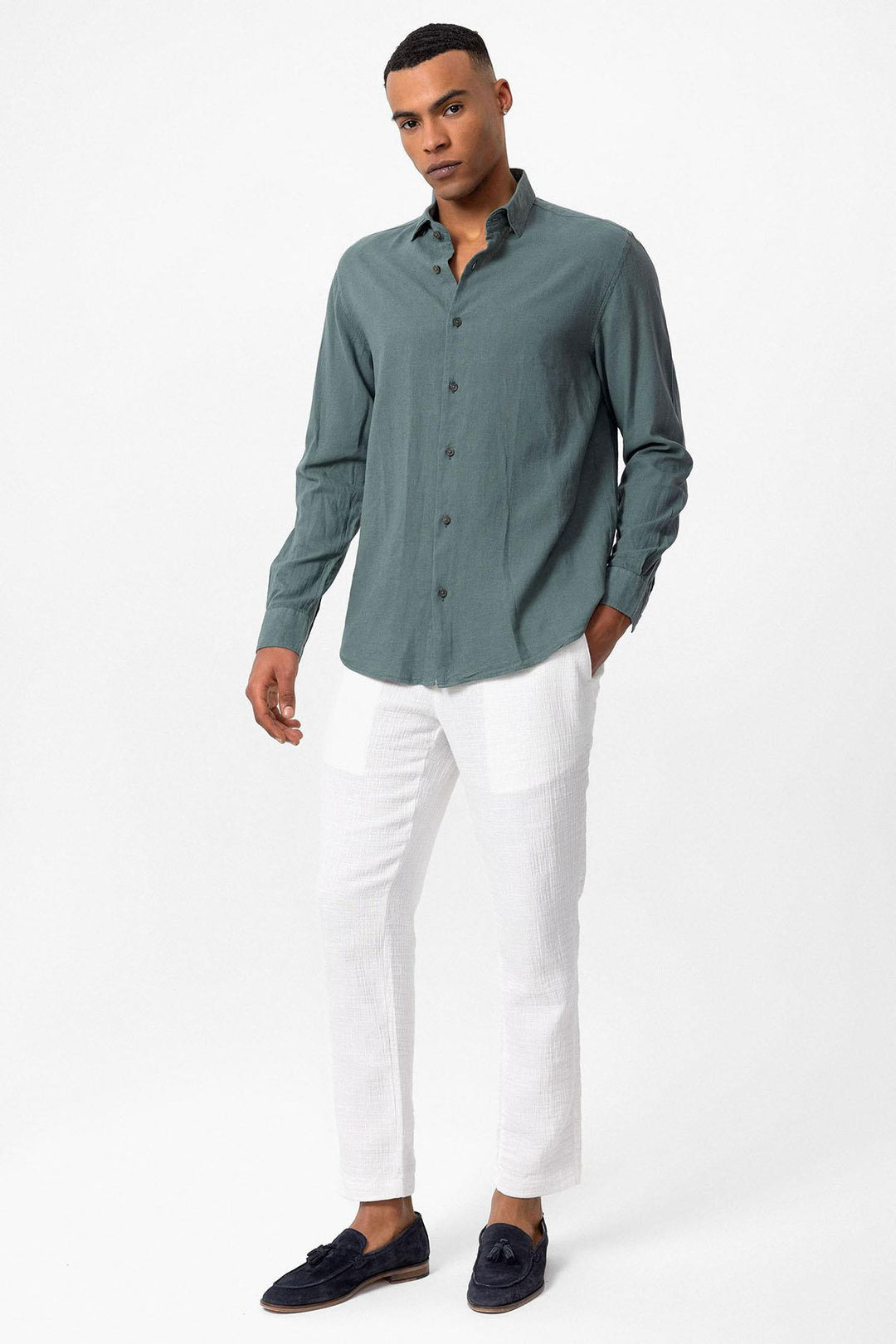 Chemise en lin mélangé vert pour homme - Wessi