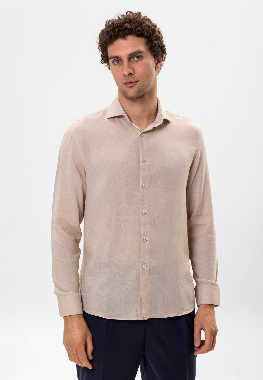 Camisa Relax Fit De Mezcla De Lino Beige Claro Para Hombre - Wessi