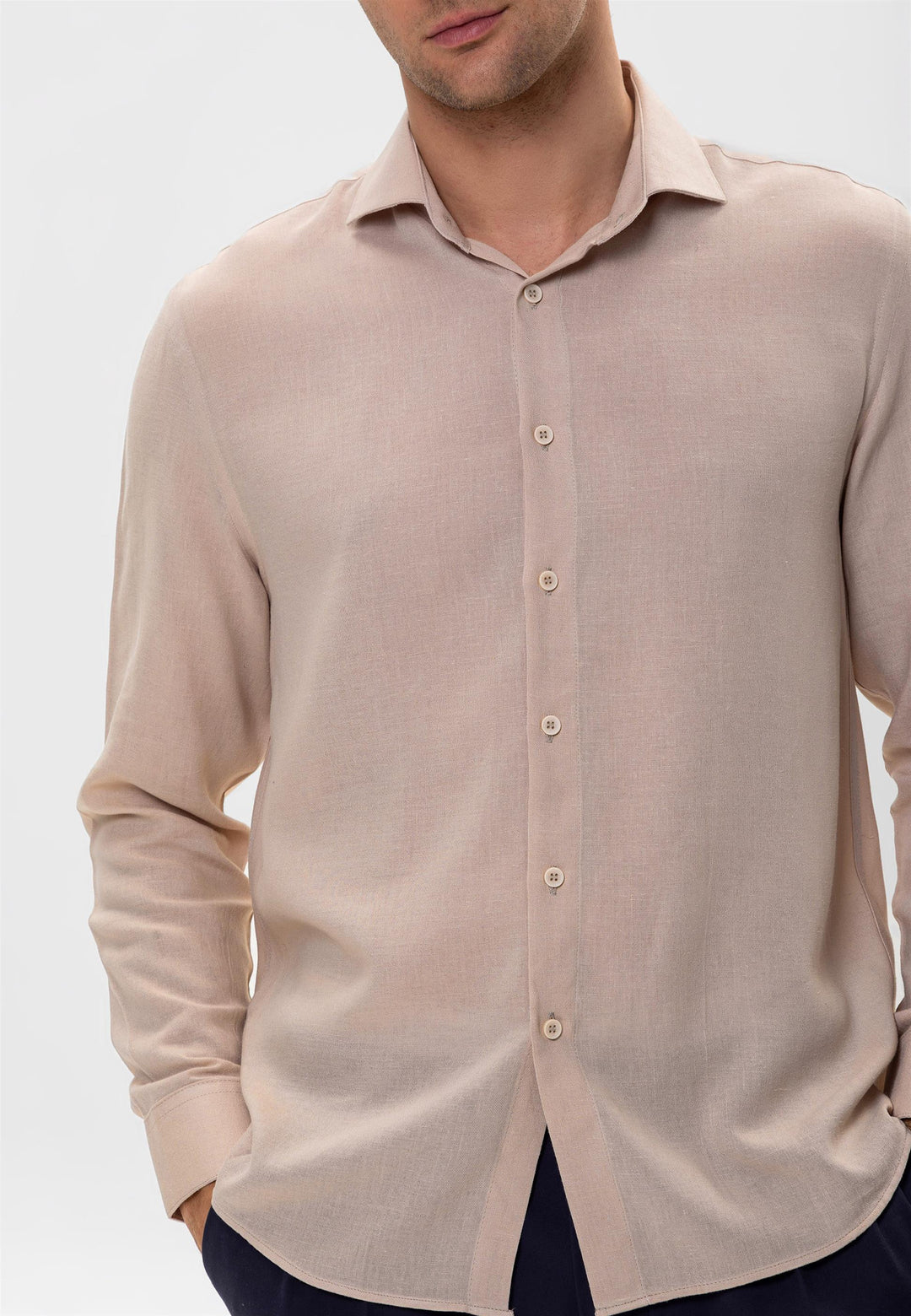 Men's Light Beige Linen Blended Relax Fit  Shirt - Wessi