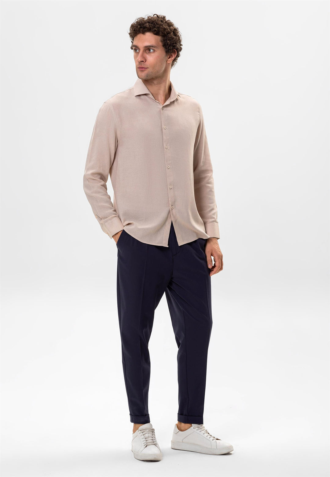 Camisa Relax Fit De Mezcla De Lino Beige Claro Para Hombre - Wessi