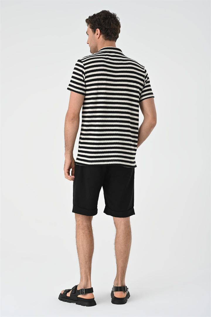 Men's Black Short Sleeve Striped  Knitwear Shirt - Wessi