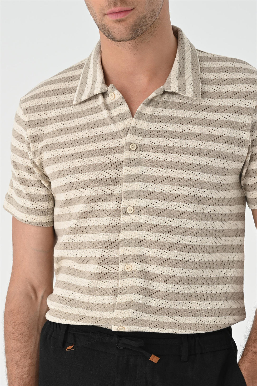 Men's Beige Short Sleeve Striped  Knitwear Shirt - Wessi