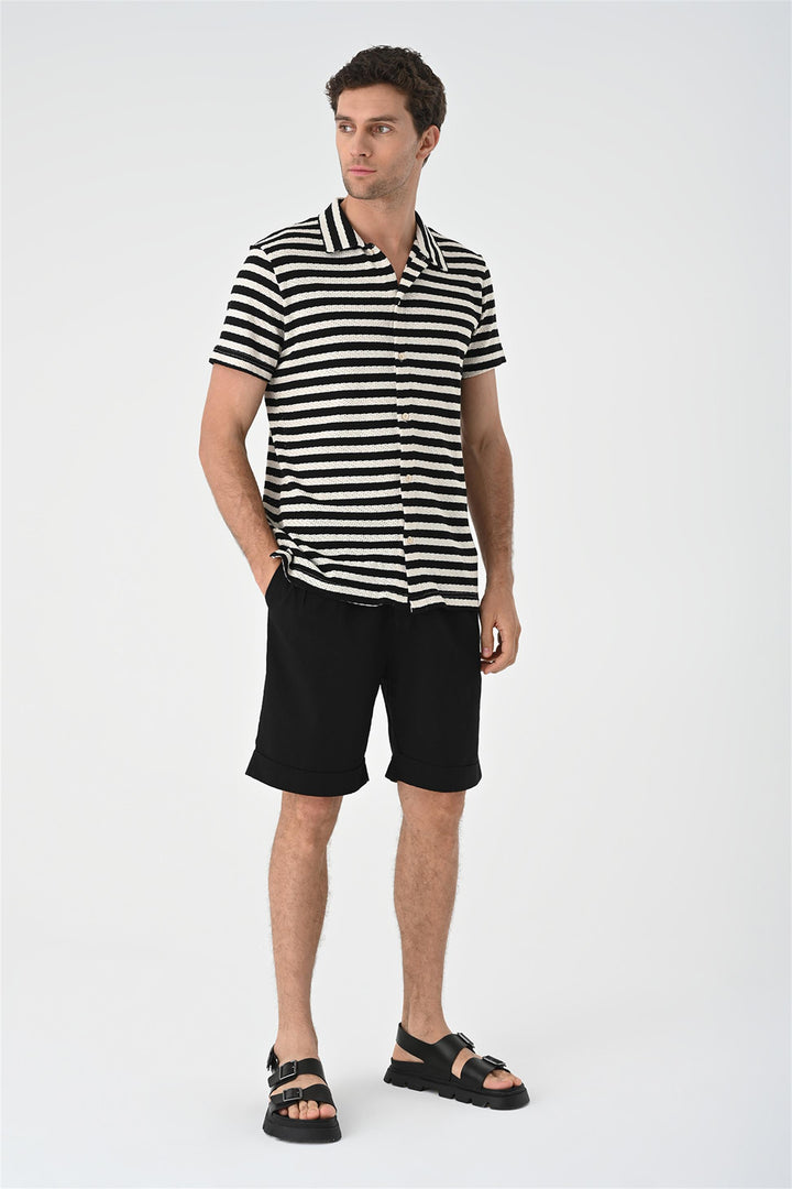 Men's Black Short Sleeve Striped  Knitwear Shirt - Wessi