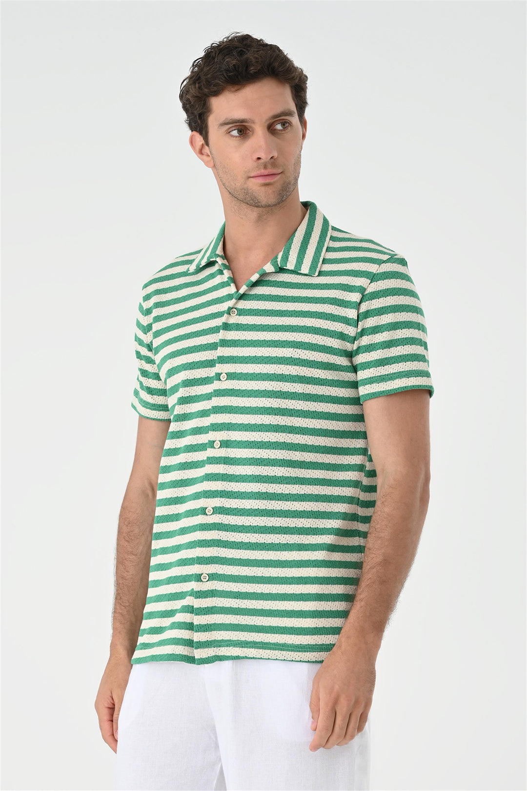 Men's Duck Green Short Sleeve Striped  Knitwear Shirt - Wessi