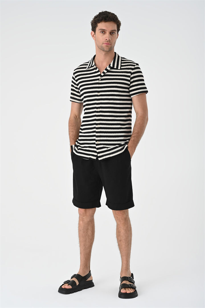 Men's Black Short Sleeve Striped  Knitwear Shirt - Wessi