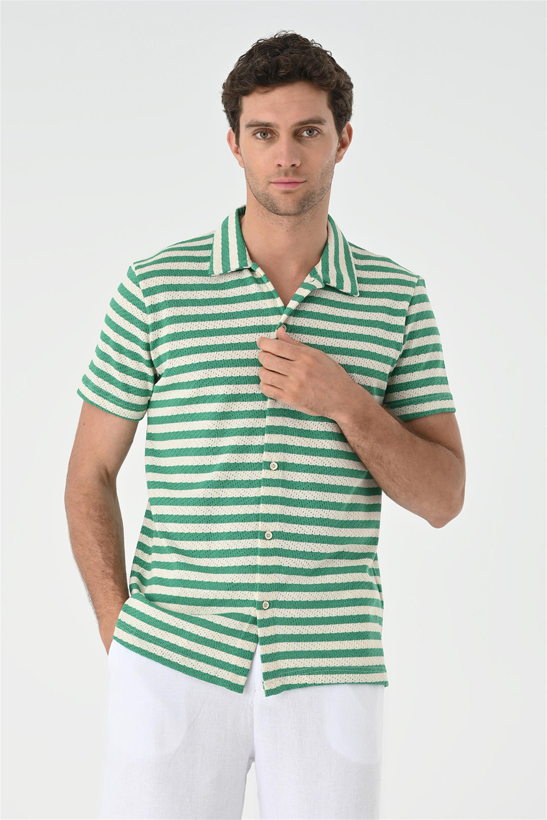 Men's Duck Green Short Sleeve Striped  Knitwear Shirt - Wessi