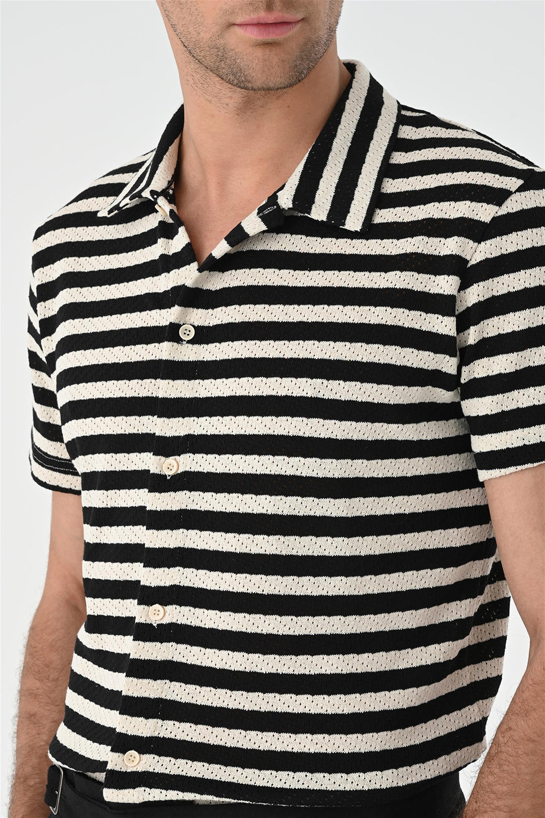 Men's Black Short Sleeve Striped  Knitwear Shirt - Wessi