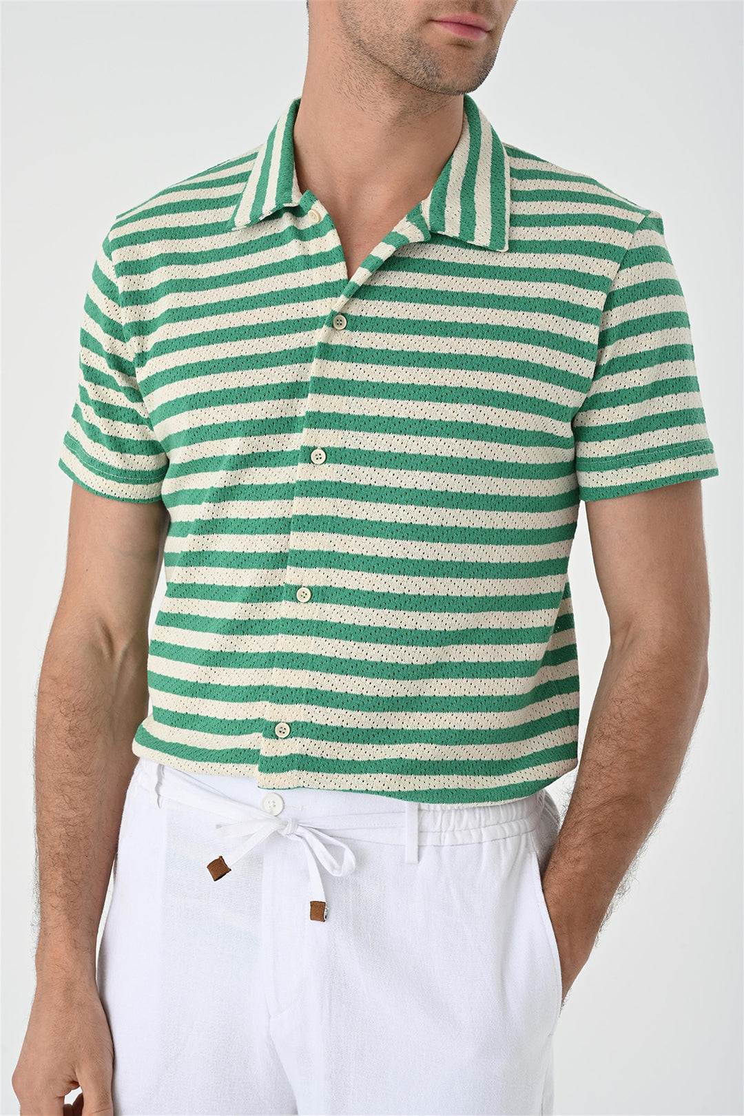 Men's Duck Green Short Sleeve Striped  Knitwear Shirt - Wessi