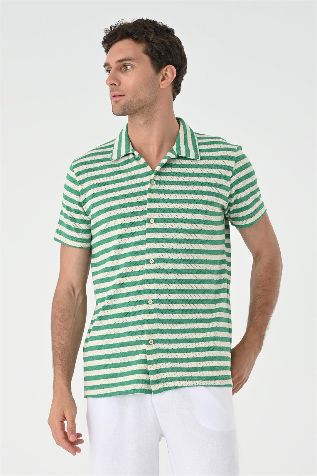 Camisa de punto de rayas de manga corta verde pato para hombre - Wessi