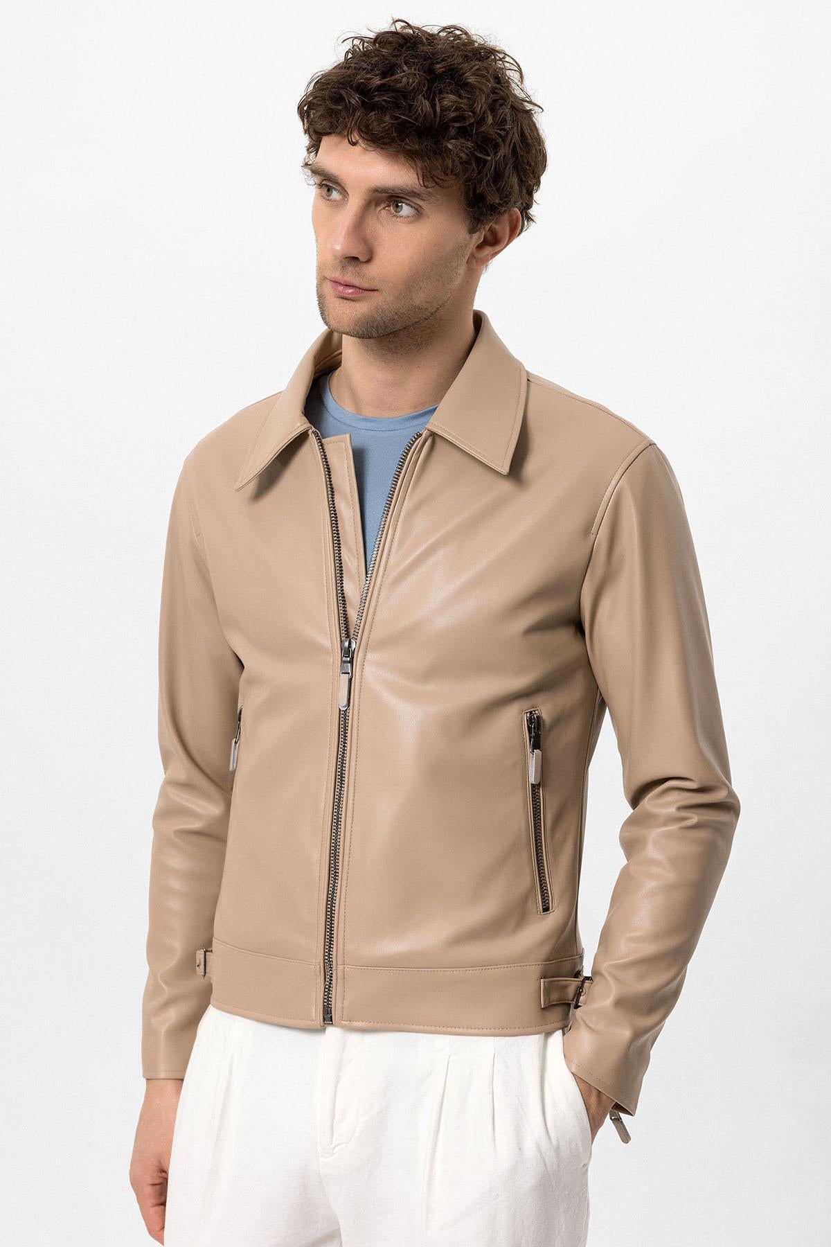 Men s Beige Zipper Sleeve Faux Leather Jacket Wessi