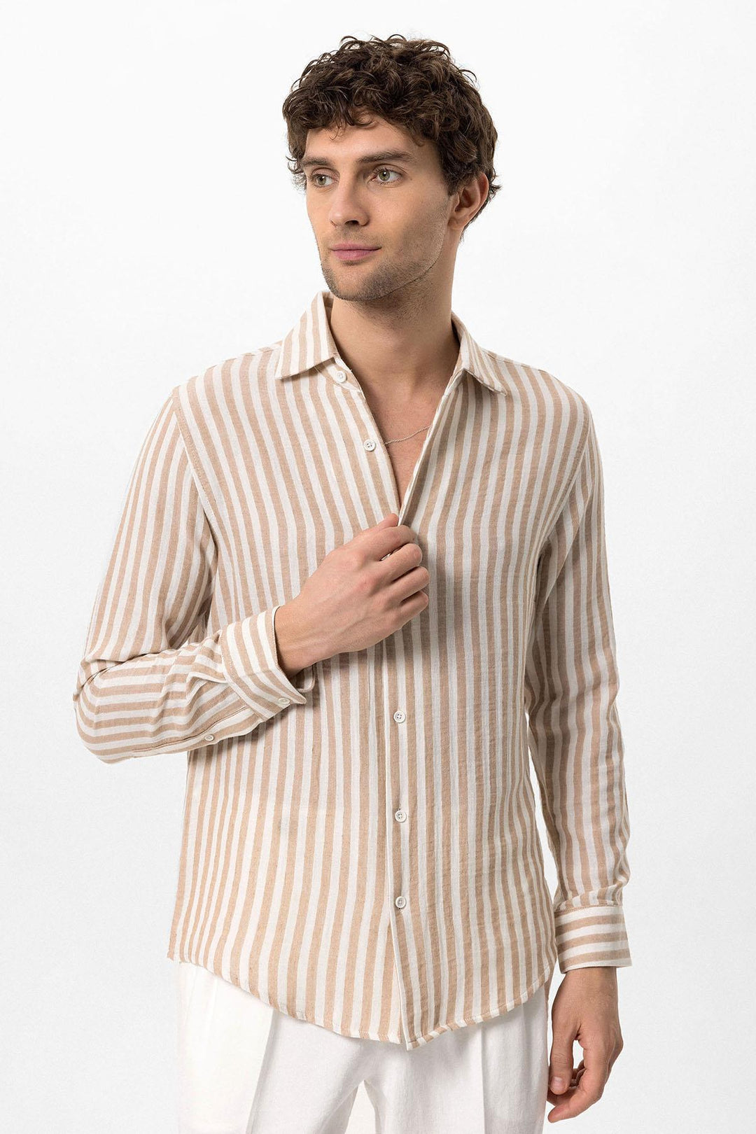 Camisa Hombre Rayas Contraste Beige - Wessi