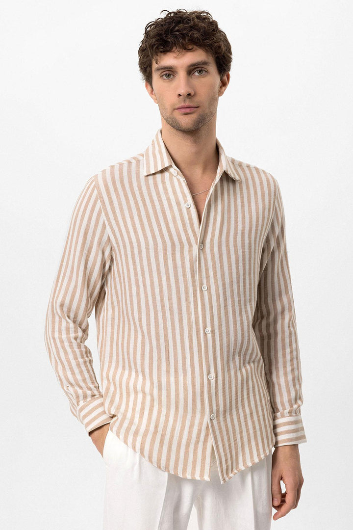 Camisa Hombre Rayas Contraste Beige - Wessi