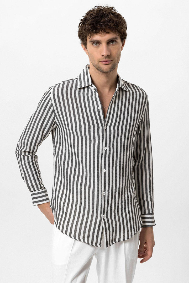 Camisa de hombre negra de manga larga a rayas slim fit - Wessi