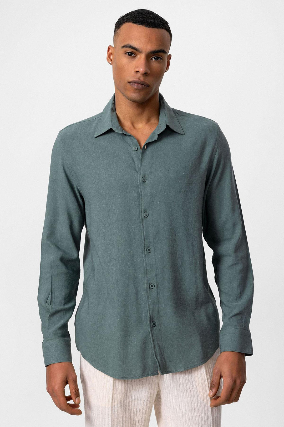 Camisa de lino de manga larga caqui oscuro para hombre - Wessi