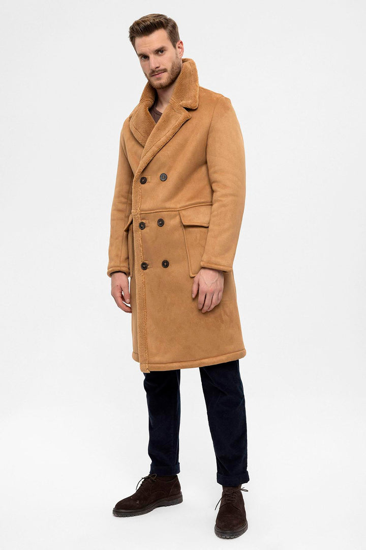 Camel Double-Breasted Closure Lining Detailed Men's Coat - Wessi