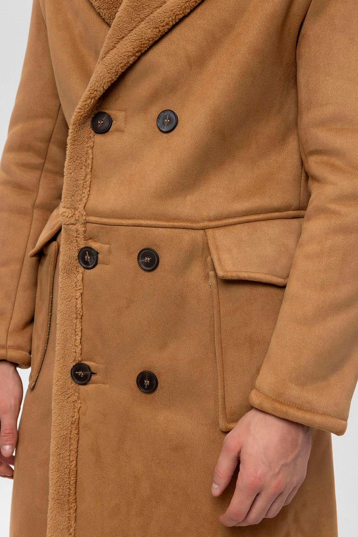 Camel Double-Breasted Closure Lining Detailed Men's Coat - Wessi