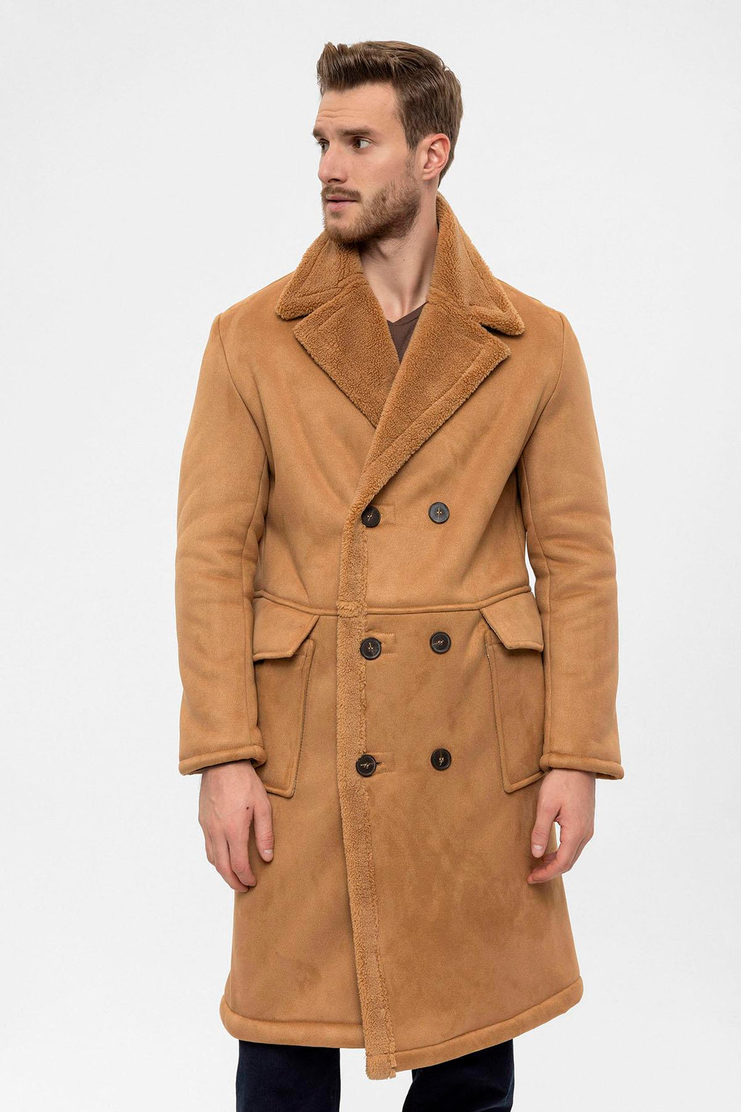 Camel Double-Breasted Closure Lining Detailed Men's Coat - Wessi