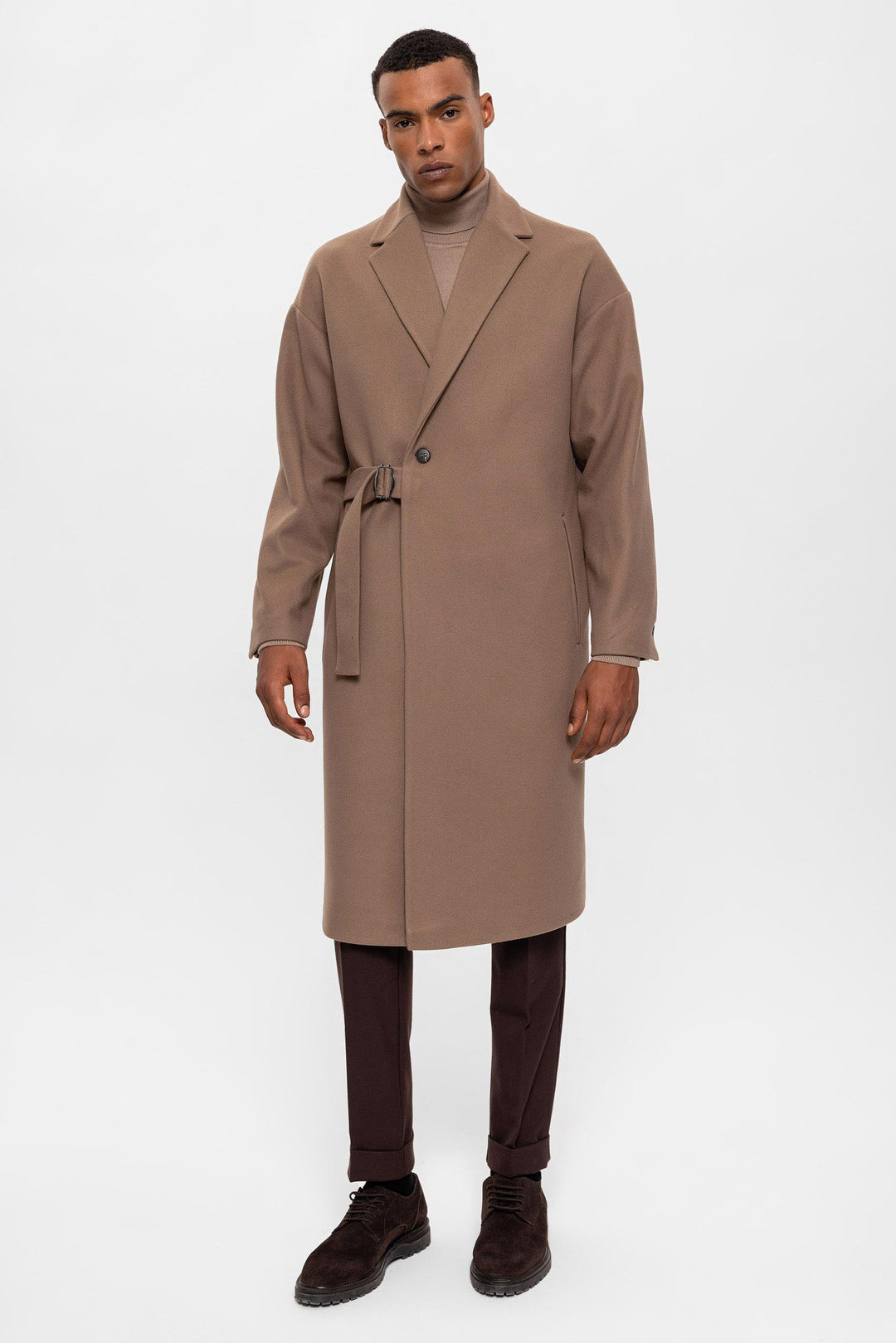 Beige Belted Oversize Men Coats - Wessi