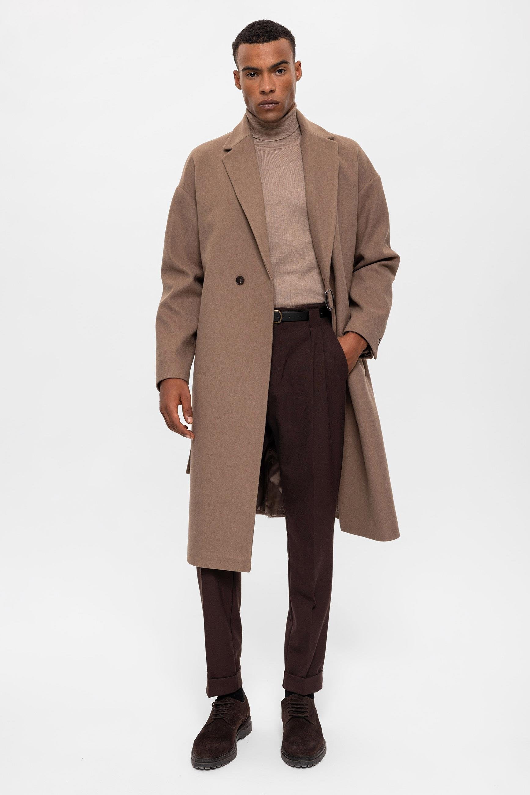 Beige Belted Oversize Men Coats Wessi