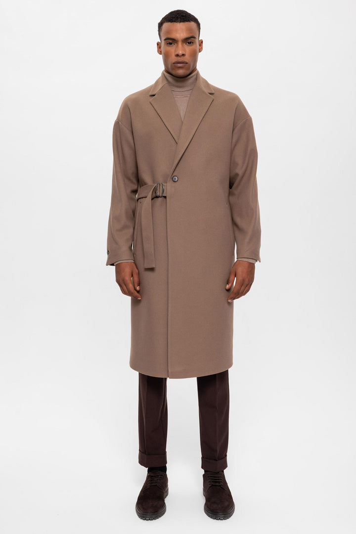 Beige Belted Oversize Men Coats - Wessi