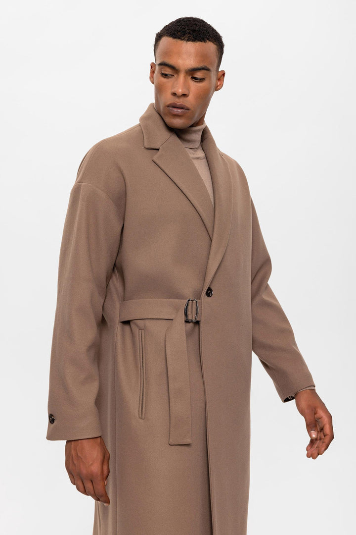 Beige Belted Oversize Men Coats - Wessi