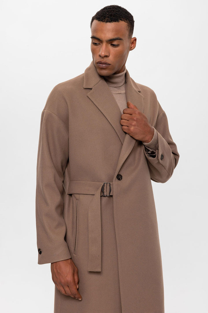 Beige Belted Oversize Men Coats - Wessi