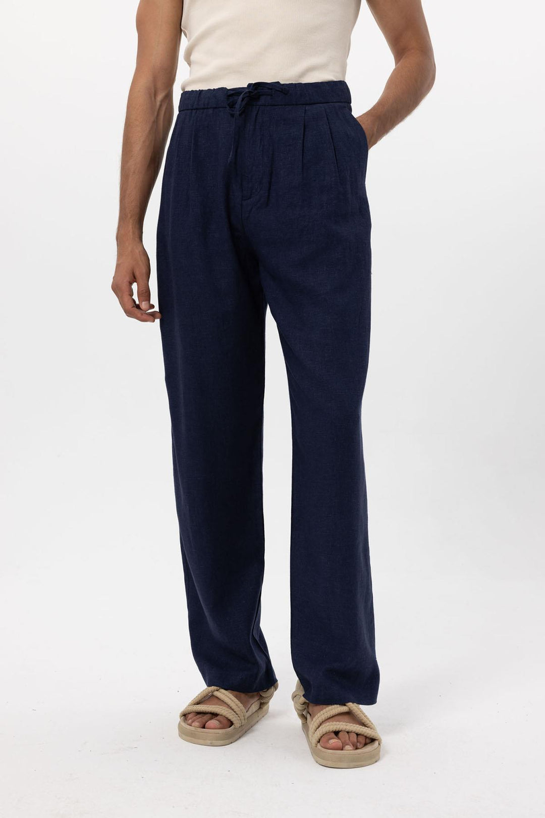 Men's Navy Blue Navy Belted Linen Blend Pants - Wessi