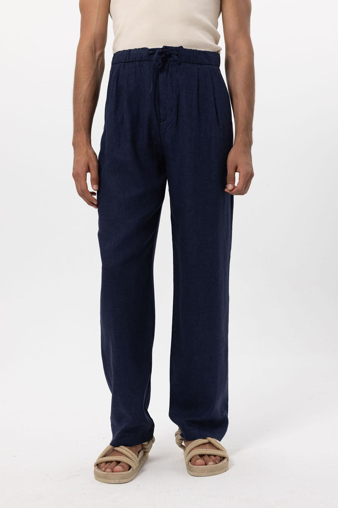 Men's Navy Blue Navy Belted Linen Blend Pants - Wessi