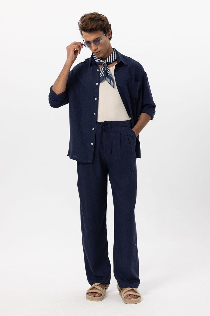 Men's Navy Blue Navy Belted Linen Blend Pants - Wessi