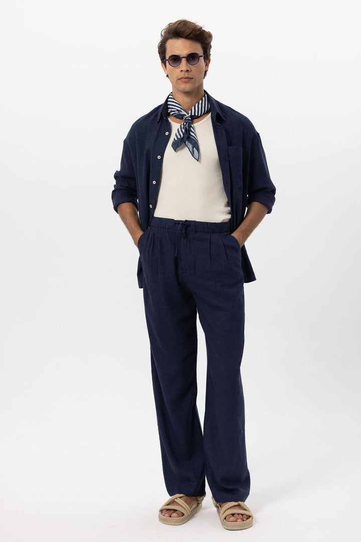 Men's Navy Blue Navy Belted Linen Blend Pants - Wessi